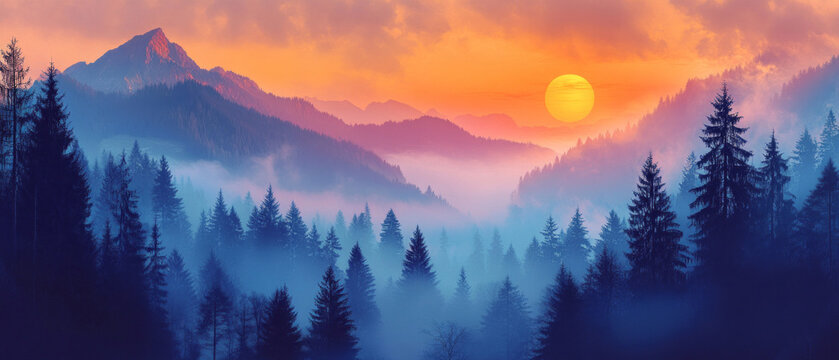 The sunset over mountain peaks shrouded in mist and forest conveys an atmosphere of tranquillity and harmony with nature, ideal for atmospheric background music  