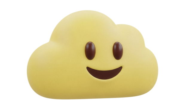 Yellow cloud emoji PNG isolated on transparent background, cute cartoon face with smile for weather forecast and social media use - Powered by Adobe