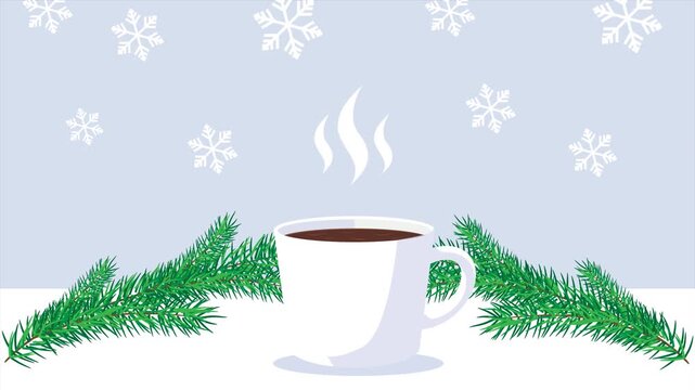 Warm winter chocolate drink and pine branches decoration animation