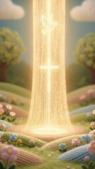Obraz premium Glowing cross and dove in beam of divine light in a charming landscape. Christian religious symbol for hope.