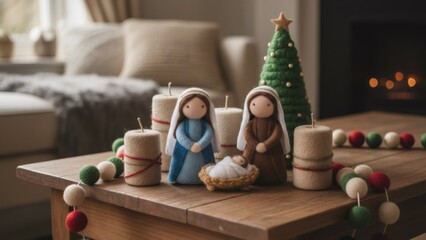 Obraz premium Knitted nativity scene with Mary, Joseph, and baby Jesus in a manger, with a christmas tree and candles, for Christmas holiday greeting card.