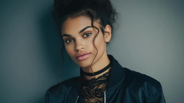 Portrait of a young woman with dark hair in a bun, wearing a black lace top and bomber jacket, gazing at the camera.