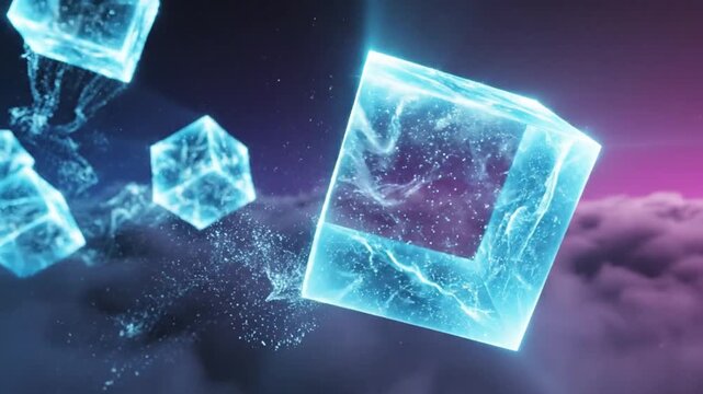 Floating ice cubes glow above the clouds in a surreal and dreamy purple landscape