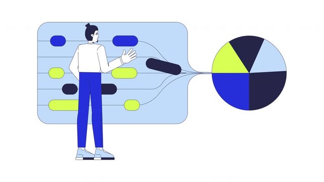 Sorting data for pie chart visualization 2D animation. Interactive analytics. Male analyst organizing piechart analysis animated character cartoon flat concept metaphor 4K video isolated on white