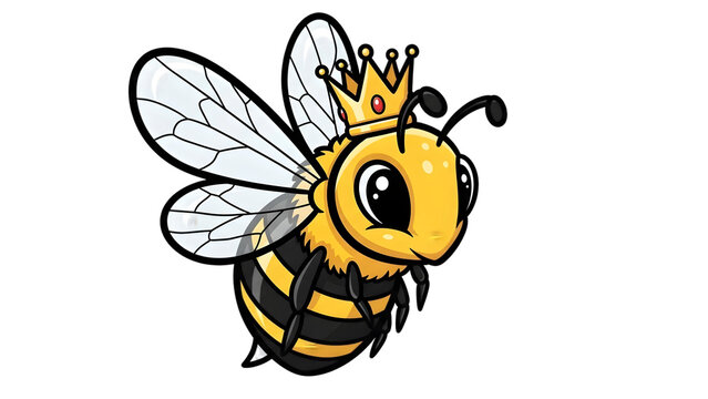 Cartoon bee wearing a crown with big eyes on a black background
