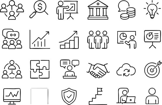 Minimalist line icon set showing 24 thin-stroke business and analytics icons arranged in grid, close-up view, black outlines on white square, clean flat modern consistent composition