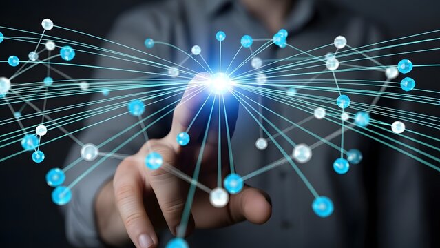 Man touching digital network connection interface with his finger - Powered by Adobe