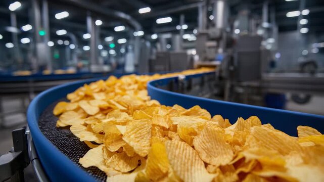 445Detailed close-up of potato chips flowing on a conveyor belt, factory machinery and pipes blurred in the background, lighting highlighting texture and crisp edges of chips