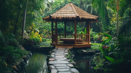 Tropical gazebo in lush garden; peaceful retreat; ideal for relaxation; stock photography