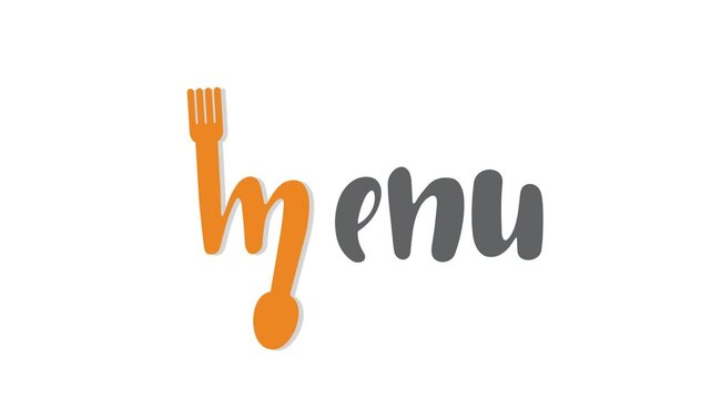 Menu. Hand-lettered print. Letter M decorated with fork and spoon, video.