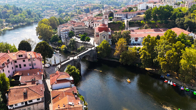Aerial Photograph of Amarante, Portugal &mdash; Historic City, River, Iconic Bridge and Charming Streets with Scenic Urban Landscape