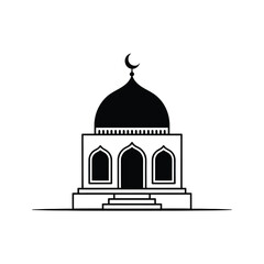 Simple black and white mosque icon with dome and crescent moon