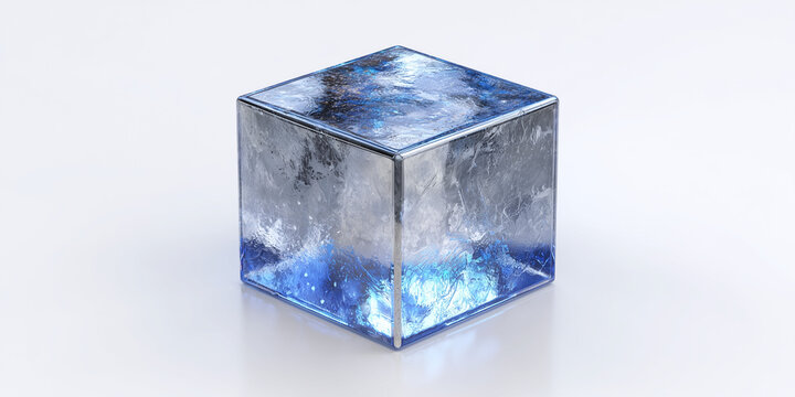 blue ice cube, white background, isometric view, abstract design, cool tones, smooth texture, minimalistic style, suitable for website banner, social media post, app interface