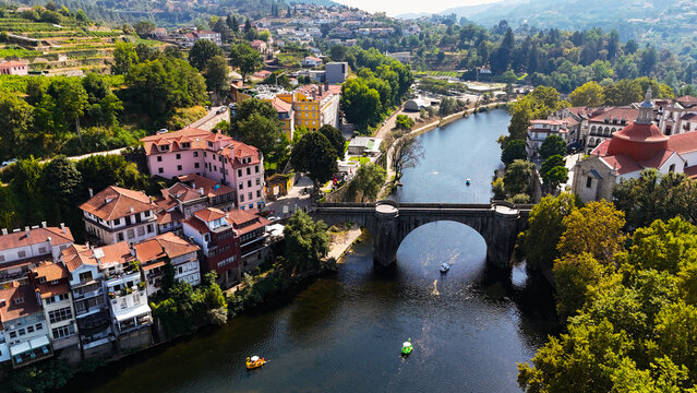 Aerial Photograph of Amarante, Portugal &mdash; Historic City, River, Iconic Bridge and Charming Streets with Scenic Urban Landscape