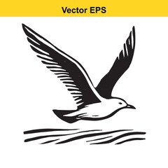 Seagull flying gracefully over ocean waves vector illustration