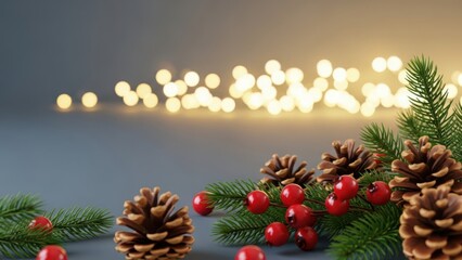 Festive christmas pine cones and berries with bokeh lights background