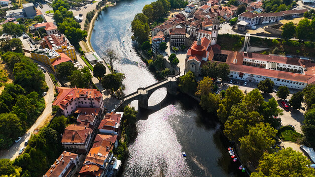 Aerial Photograph of Amarante, Portugal &mdash; Historic City, River, Iconic Bridge and Charming Streets with Scenic Urban Landscape