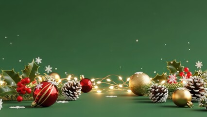 Festive christmas decorations with pinecones and lights on green background