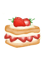 A lovely hand-drawn illustration of a layered strawberry shortcake square, bursting with fresh strawberries and light whipped cream. Perfect for summer menus, confectionery designs,