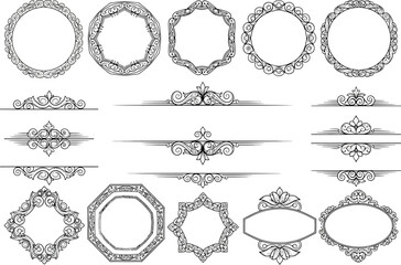 Fototapeta premium Ornate Frames Borders Collection Set, Decorative Elements with Floral Swirls on White