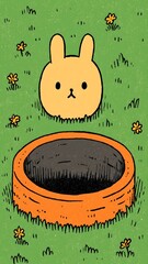 Whimsical garden illustration featuring a cute bunny near a stone wishing well