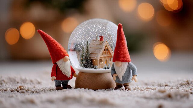 Festive gnomes admiring snow globe with tiny winter house and snowflakes