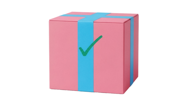Pink gift box with blue ribbon and green check mark isolated PNG, present for special occasion and celebration on transparent background