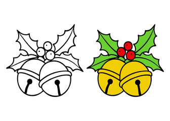 Tiempo de Navidad. Logo jingle bell. Dibujo sencillo con líneas de cascabeles con hojas y bayas de acebo para tarjetas y felicitaciones de Navidad © teracreonte