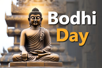 Bodhi Day spiritual awakening with meditating buddha statue in temple glow celebrating enlightenment moment