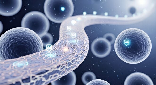  Ai Powered Neural Network With Glowing Neurons Connects Spherical Cells Against Cosmic Background