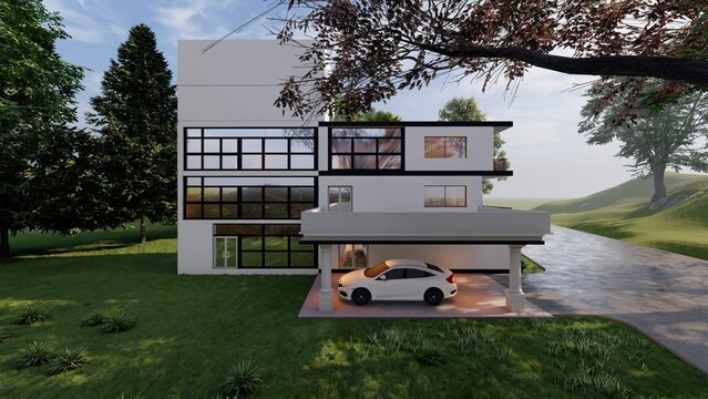 Modern three story house with car parked under portico