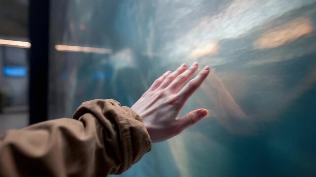 A hand pressed against the glass of an aquarium, reaching toward the water.