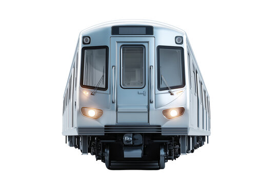 Modern silver subway train front view with bright headlights, isolated for transport