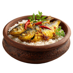 Traditional spicy whole cooked fish with fragrant white rice served in a clay pot