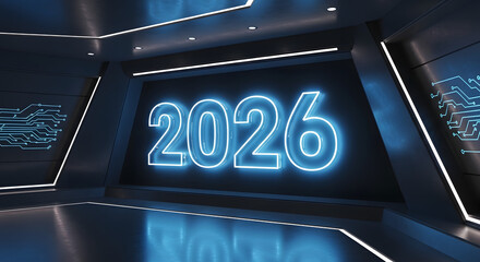 Futuristic Neon 2026 Sign Display in Dark Environment.