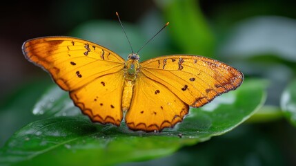 A close-up of a vivid yellow butterfly resting on a lush green leaf, with soft sunlight illuminating its wings.