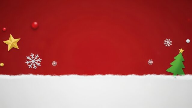 Festive christmas background with snow tree star and snowflakes on red