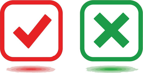 Red Check Mark Icon and Green X Symbol in Rounded Square Frames on White