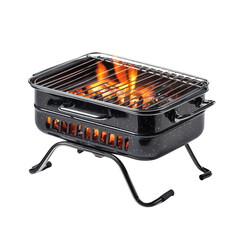 Portable charcoal grill with hot coals and lively flames, ready for outdoor cooking