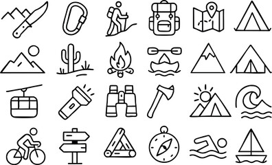 Fototapeta premium Minimalist line icon set close up view of twenty four camping and outdoor symbols showing knife carabiner hiker backpack tent map pin campfire compass waves bicycle