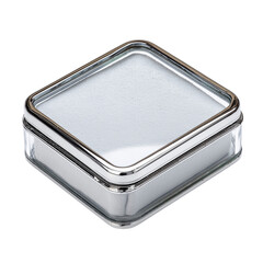 Small elegant silver metal tin with clear lid showcasing its reflective surface