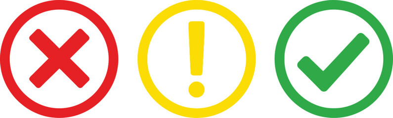 Obraz premium Red Cross, Yellow Exclamation Mark, Green Check Mark Circle on White Background