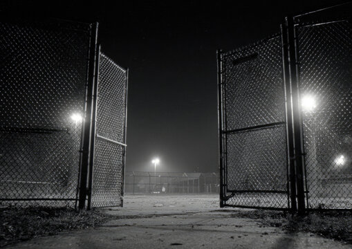 Night scene: open chain link fence gates
