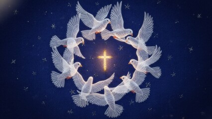 Obraz premium White dove circle around a glowing Christian cross on a dark blue background with stars, representing peace and faith for Christian holiday or teaching material.