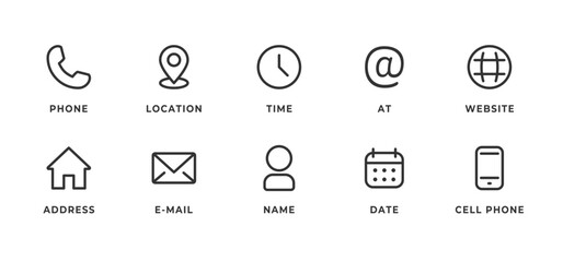 Contact us icon set. Phone, location pin, clock, email and calendar elements create a clean communication vector illustration. Website and mobile details sign. Minimal interface pictogram.