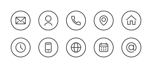 Contact icon set. Email, user, phone, location, home, clock and other minimal symbols in clean circle design vector illustration. Interface navigation element sign. Modern communication pictogram.