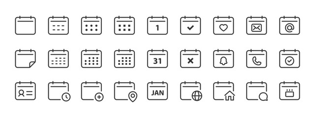 Calendar icon. Date planner with reminder marks and monthly grid for schedule vector usage. Useful event overview for office tasks symbol. Clean outline set for UI sign. Modern planning pictogram.