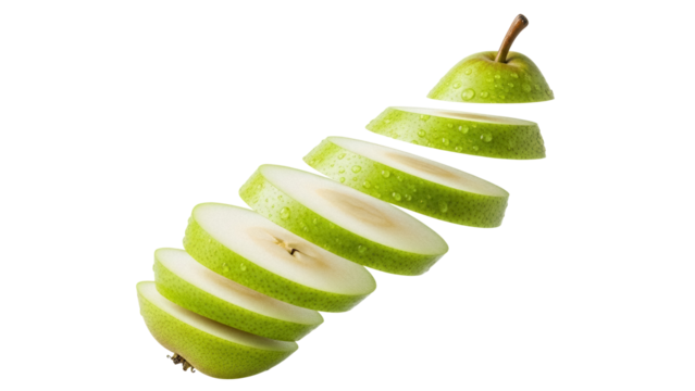 Sliced green pear PNG isolated on transparent background, fresh fruit cut into segments for healthy eating and food design