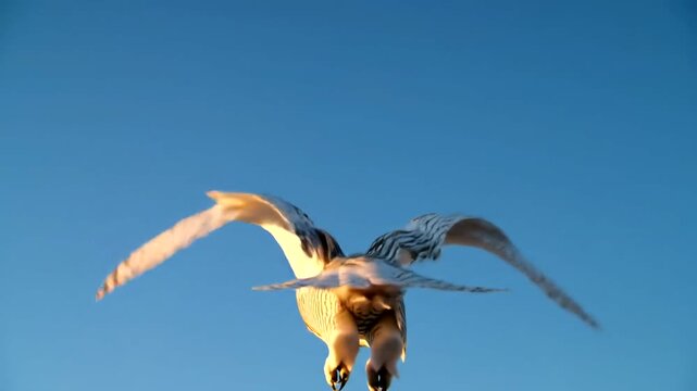 Majestic Owl Soaring Through the Clear Blue Sky with Wings Spread Wide.