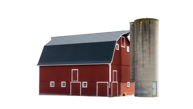 Red barn with gray roof and concrete silo isolated PNG, rural farm building on transparent background for agricultural design projects